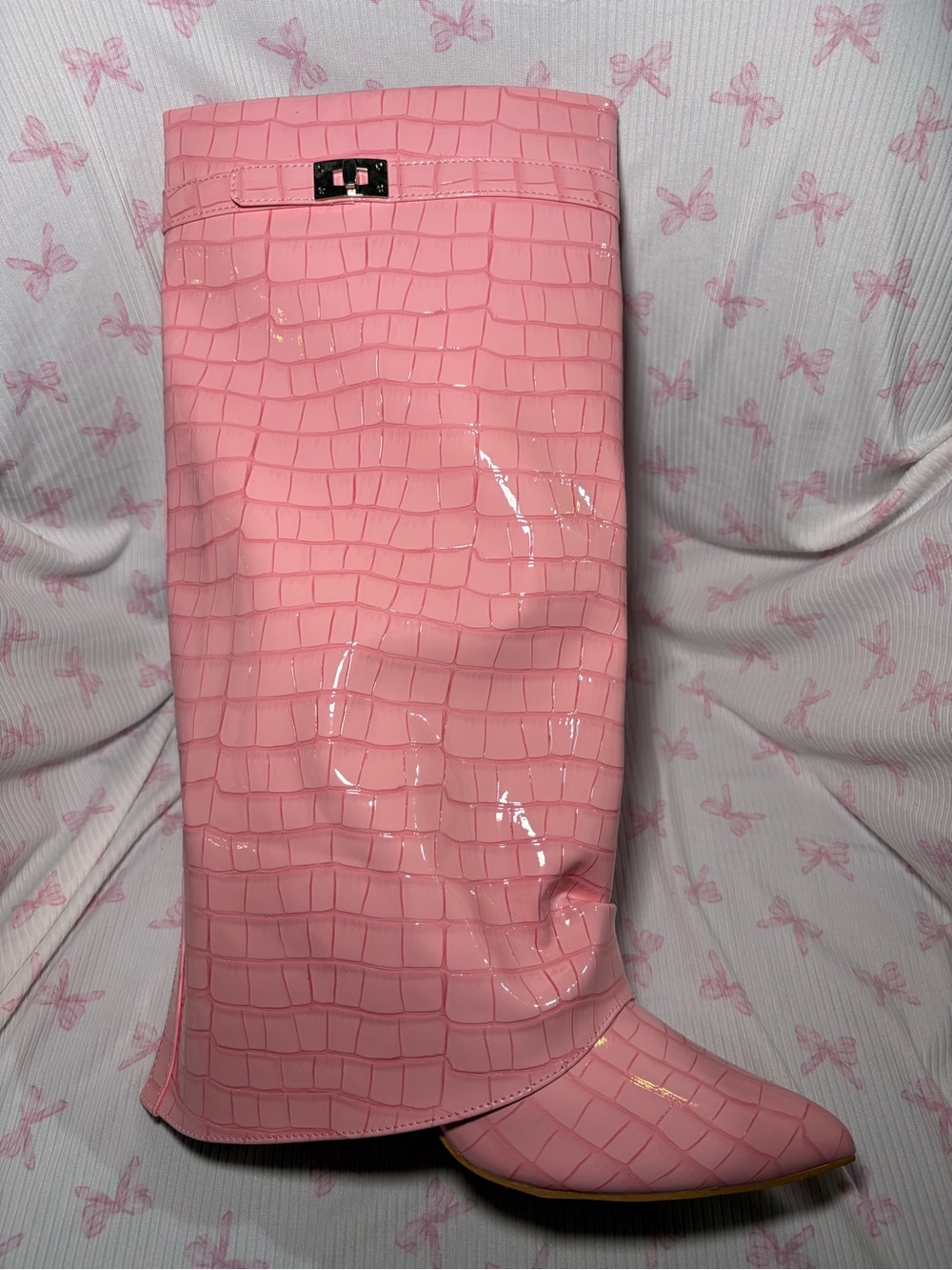 Fashion Nova Pink Croc-Embossed Patent Knee High Boots